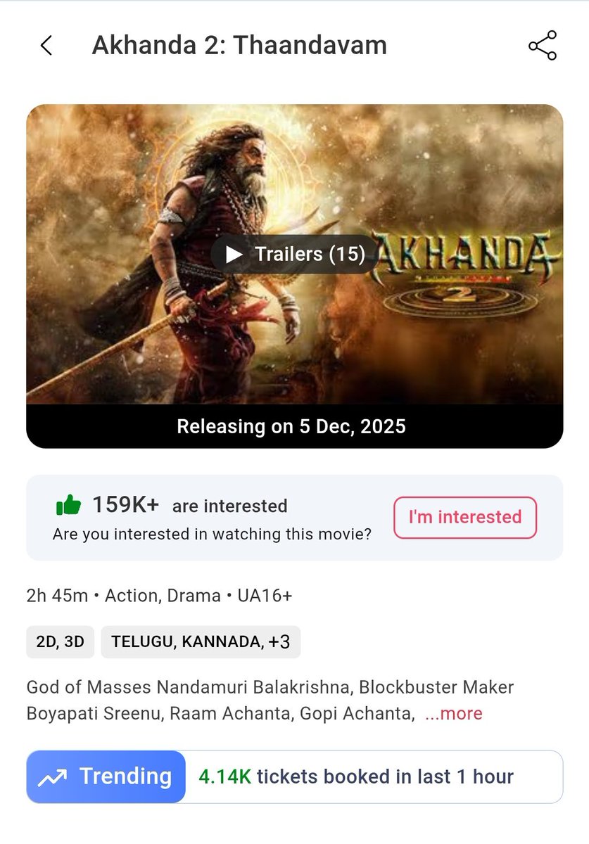 manabalayya's tweet image. #Akhanda2 Hourly Trending with Limited shows,Nizam Yet to open🔥

God of Mass NBK Mass Rampage💥💥

#NandamuriBalakrishna #Akhanda2Thandavam