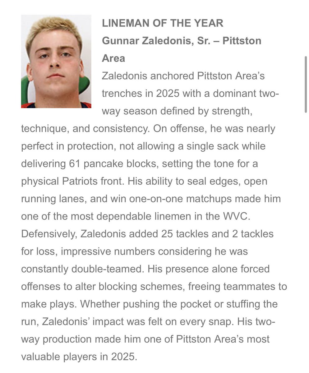 GunnarZale's tweet photo. Blessed to receive WVC D1 Lineman of the year as well at first team all conference Offensive and Defensive Line !  @BloomOLcoach @SheptockFrank @CoachGallardy @CoachSantella @CoachEPratt @CoachHeem1 @Coach_Russick64 @JerDavis @KZaledonis https://t.co/zw8sC93McL