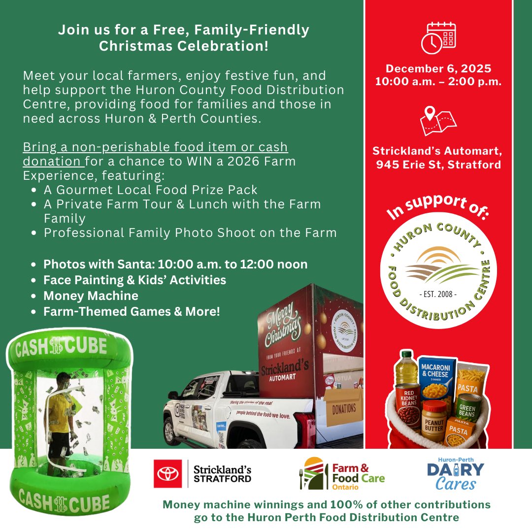 kellydaynard's tweet photo. If you’re in the Stratford area Saturday, drop by to join @FarmFoodCareON, Strickland’s Automart, Santa and so many local farmers for this event in support of the @HCFBDC. It’ll be a great day in support of a great cause. https://t.co/K3pOk3OMON