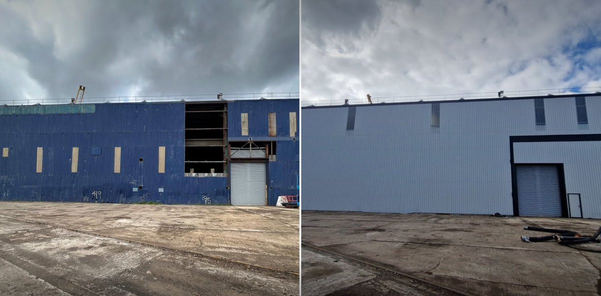 Midas_Cladding's tweet image. Before &amp;amp; after of a job we completed for @Docks_UK we refurbished buildings 1 &amp;amp; 2 located either side of the dry dock at their #Teesside yard.

The old dishevelled wall cladding has been replaced with new plastisol coated trapezoidal panels to keep in with the rest of the site.