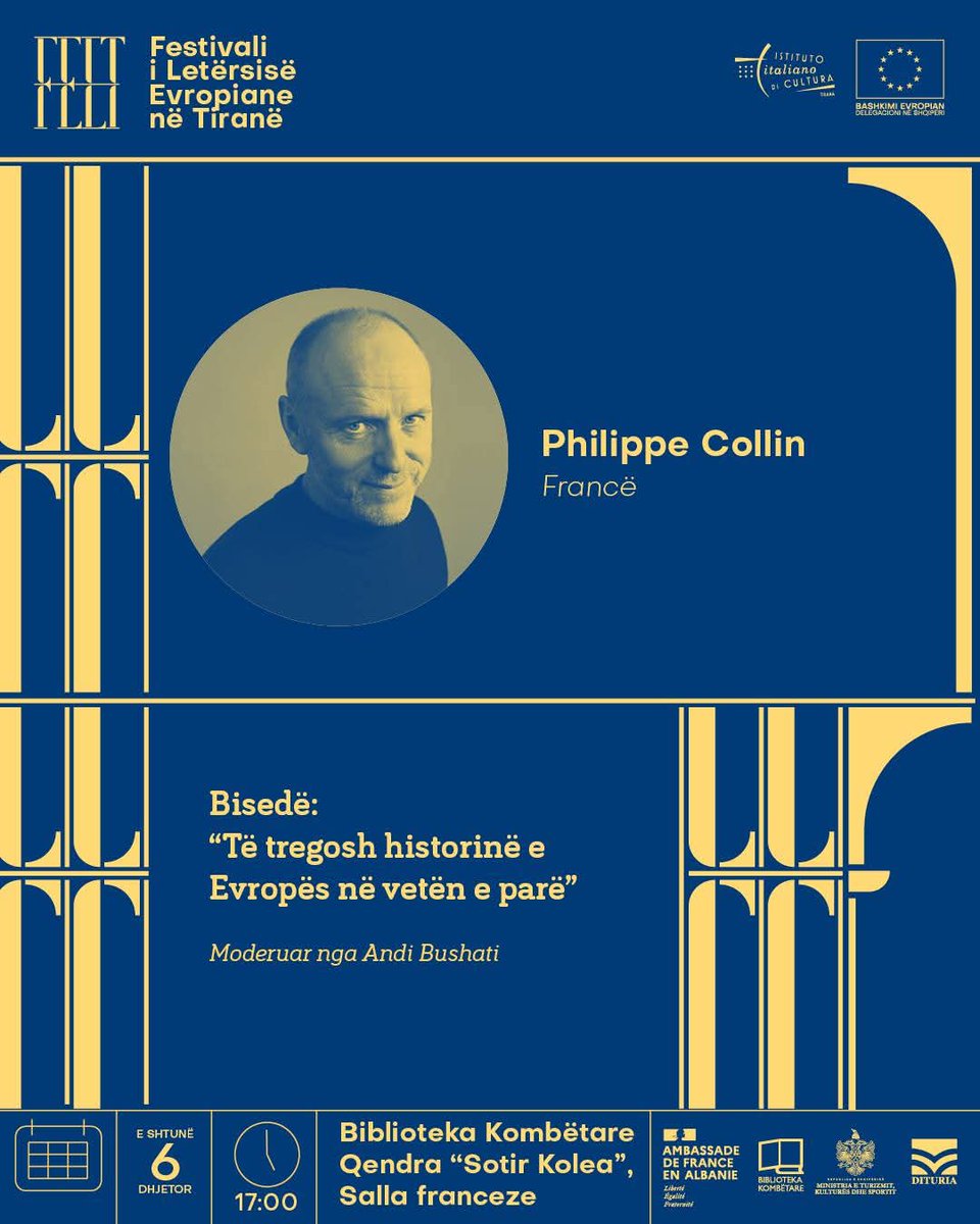 #FELT2025 accueille l'écrivain 🇫🇷 Philippe Collin pour une rencontre autour de son roman « Le Barman du Ritz », traduit en 🇦🇱 par Lindita Gjetani.

🎙️RV :
🗓️ 5 décembre, 16h00 – Département de journalisme &amp; de communication, UT
🗓️ 6 décembre, 17h00 – Bibliothèque « Sotir Kolea »