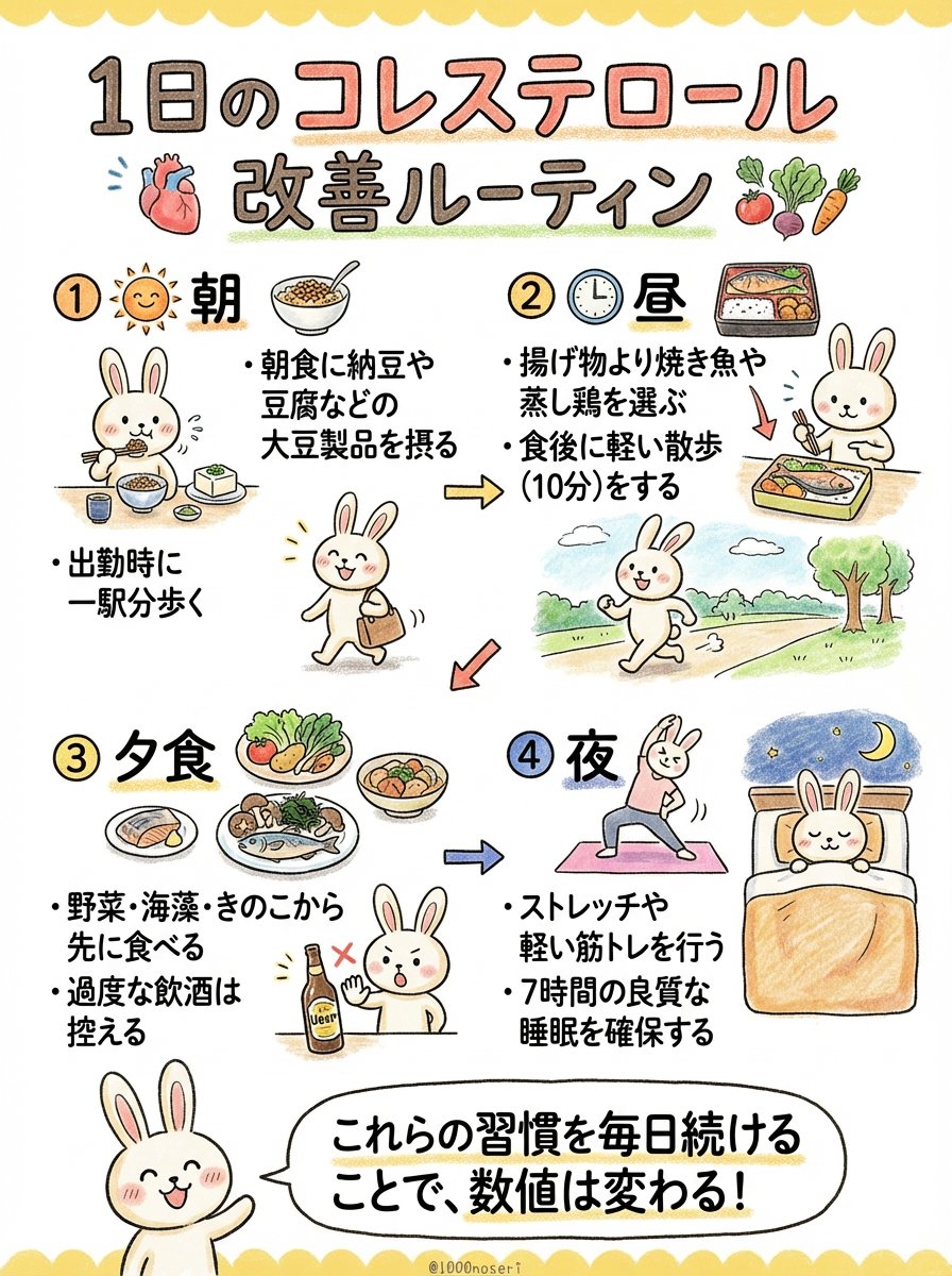 1000noseri's tweet image. コレステロールシリーズ第3弾！

「信号機」→「7:2:1の黄金比率」  めっちゃ反響もらって感激…！ありがとう✨

今日はは──  
「結局1日どう過ごせばいいの？」について

【1日のコレステロール改善ルーティン】

①朝：納豆＋一駅歩く  
②昼：揚げ物より魚＋食後10〜30分散歩…