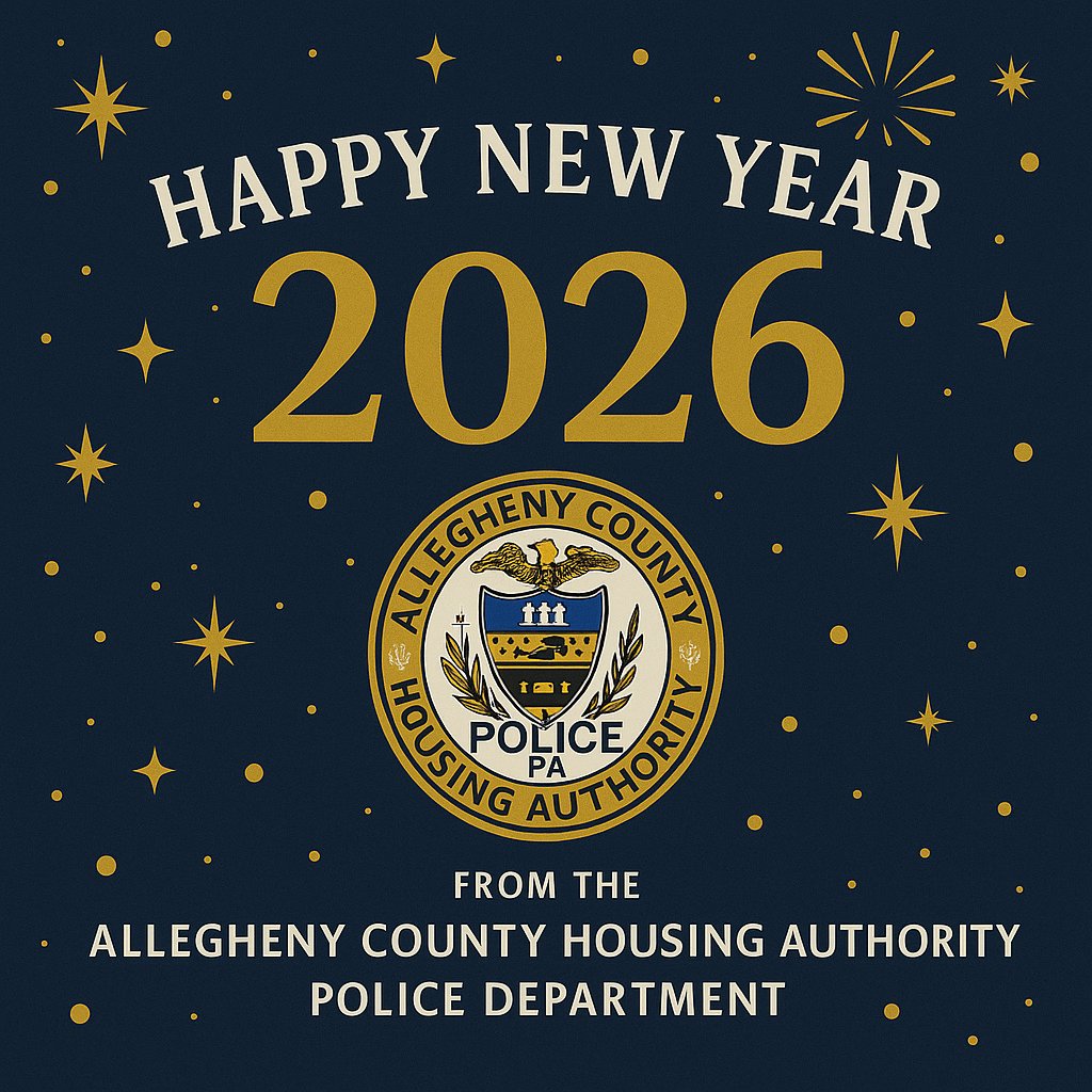AChousingPD's tweet photo. Happy New Year from the Allegheny County Housing Authority Police Department! Welcoming 2026 with gratitude for our residents, staff, and partners. Thank you for your trust and support as we continue serving our communities with pride.  Wishing everyone a safe and Happy New Year! https://t.co/ErNqpjWYgH