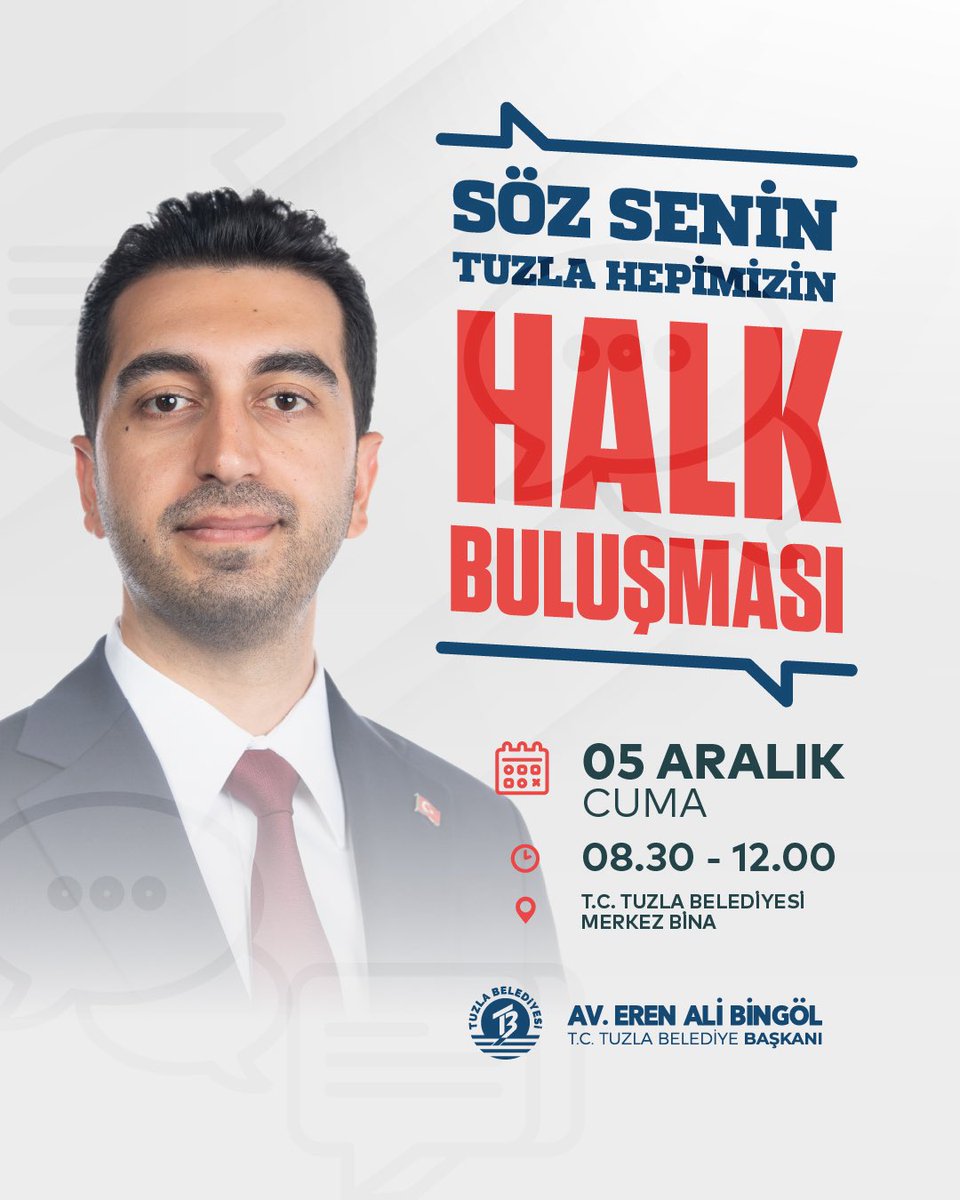 Söz Senin, Tuzla Hepimizin! 💙

Tuzla'mızın geleceği için komşularımızla bir araya geliyor, ortak akıl ve katılımcı anlayışla  yarınlarımızı birlikte şekillendiriyoruz. 

🗓️ 5 Aralık Cuma
🕣 08.30 - 12.00
📍 T.C. Tuzla Belediyesi Merkez Bina
