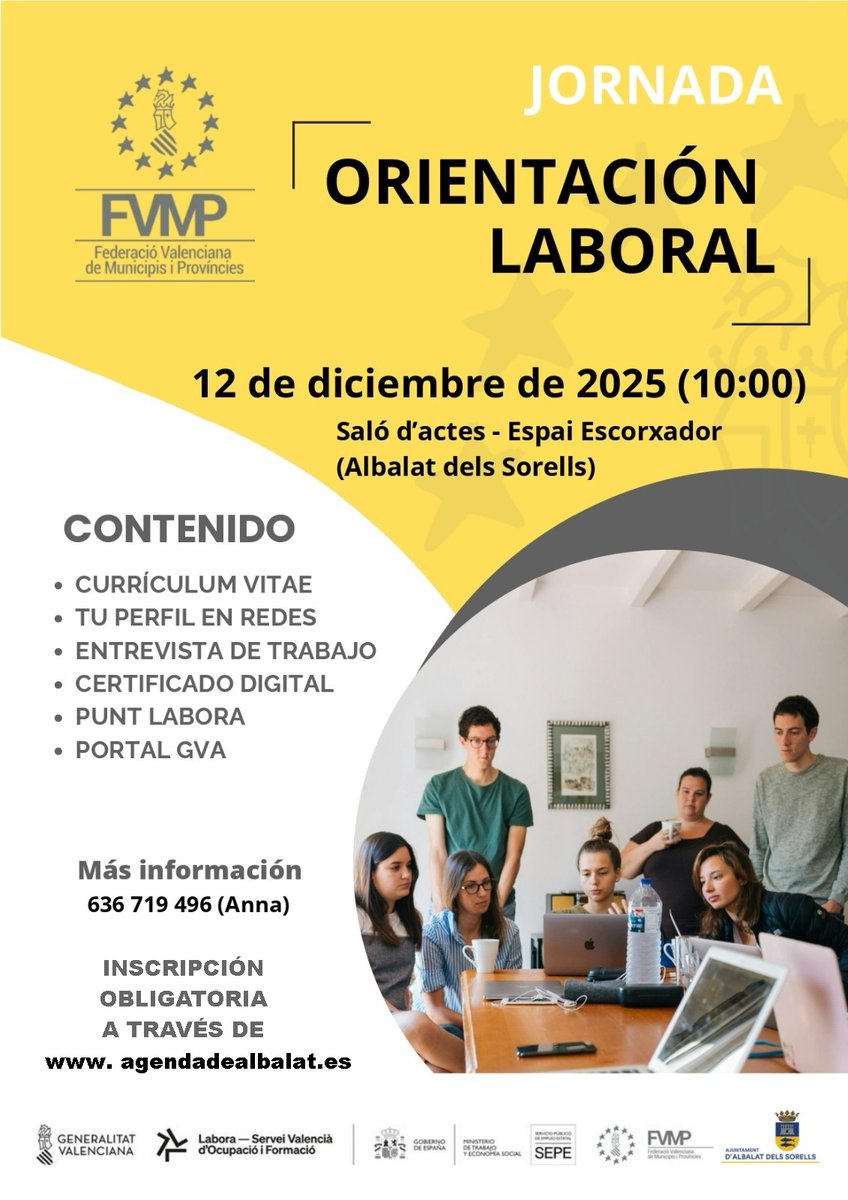 JORNADA D'ORIENTACIÓ LABORAL - 12 DE DESEMBRE DEL 2025 - 10.00 HORES  - SALÓ D'ACTES CENTRE EDUCATIU FPA "ESPAI ESCORXADOR" La inscripció es fa obligatòriament a través de la plataforma agendadealbalat.es