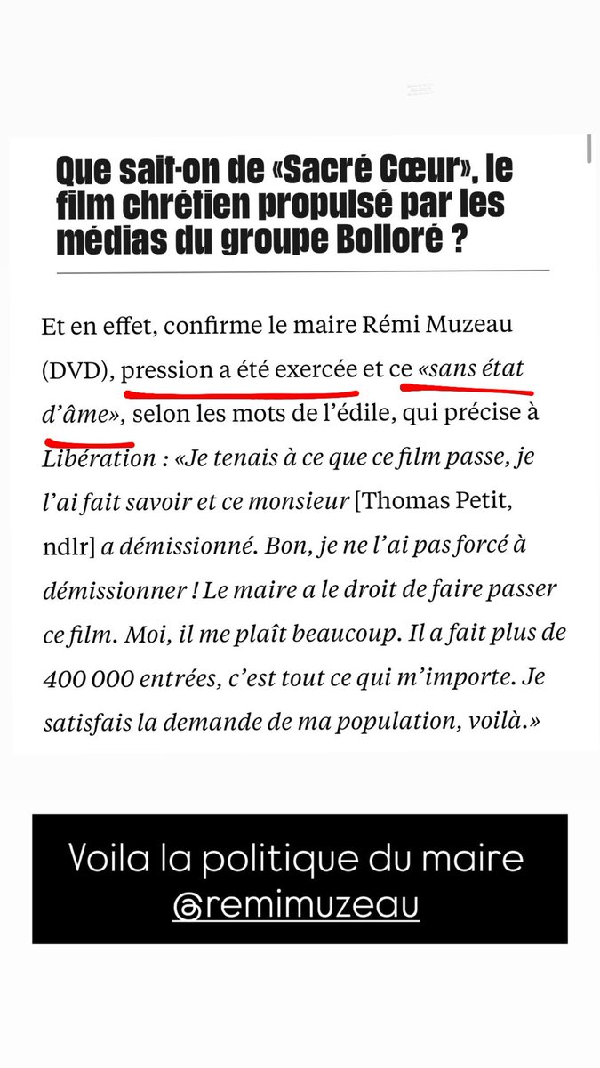 Le directeur du cinéma d’art et essai de Clichy a démissionné après que le maire a exercé une pression, et ce, selon ses propres termes “sans état d’âme”, pour imposer la projection du film Sacré Cœur. 

🗞️ Ma réaction dans <a href="/libe/">Libération</a> 

liberation.fr/culture/cinema…