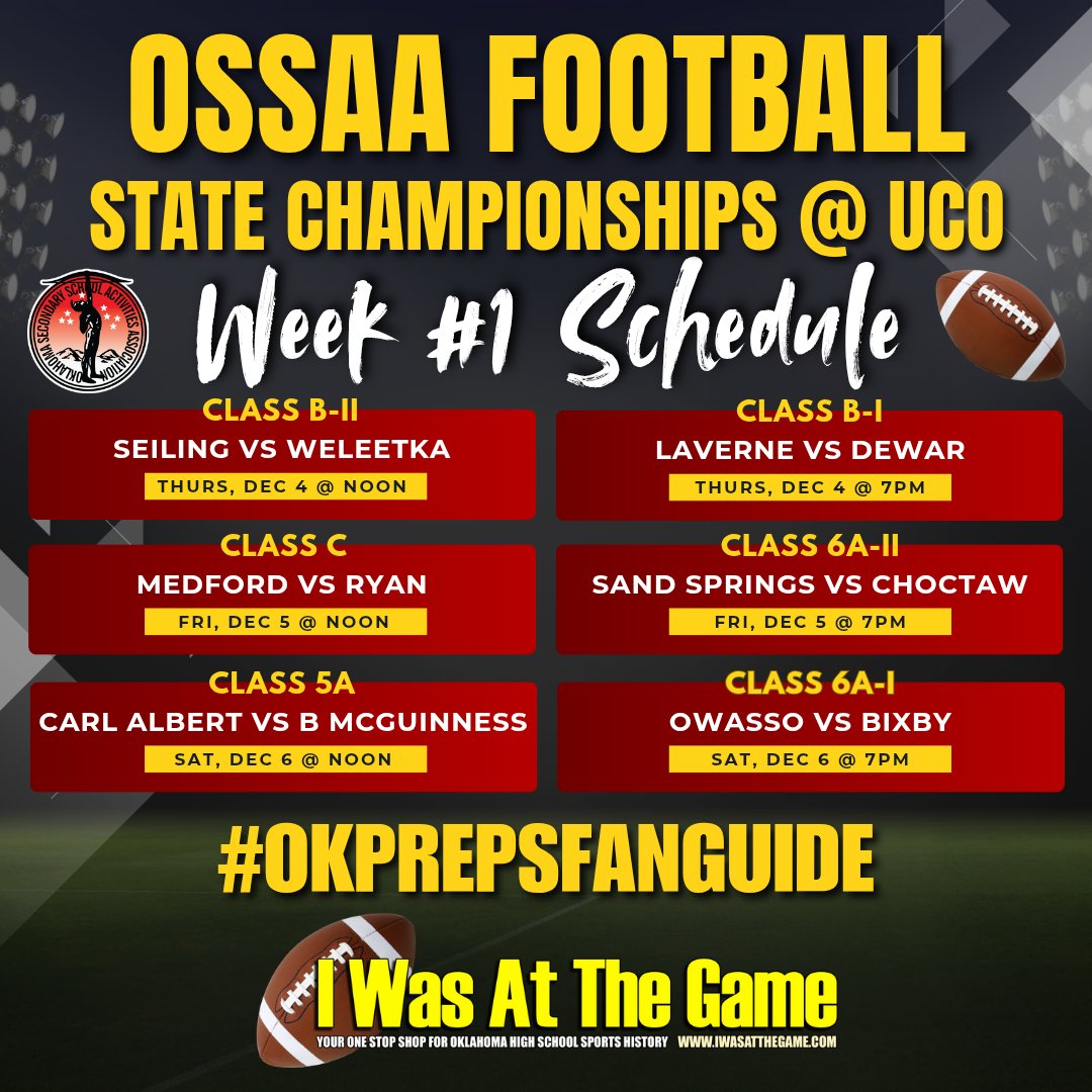 IWasAtTheGame's tweet photo. Here is your #OKPrepsFanGuide for the upcoming 2025 OSSAA #OKPreps Football State Championship games at UCO (Edmond) - Week #1
If you can't make it to the stadium, all Championship games will be streamed by Chris Evans and his team on the @NFHSNetwork
#TheRoadToUCO https://t.co/xltax1loAI
