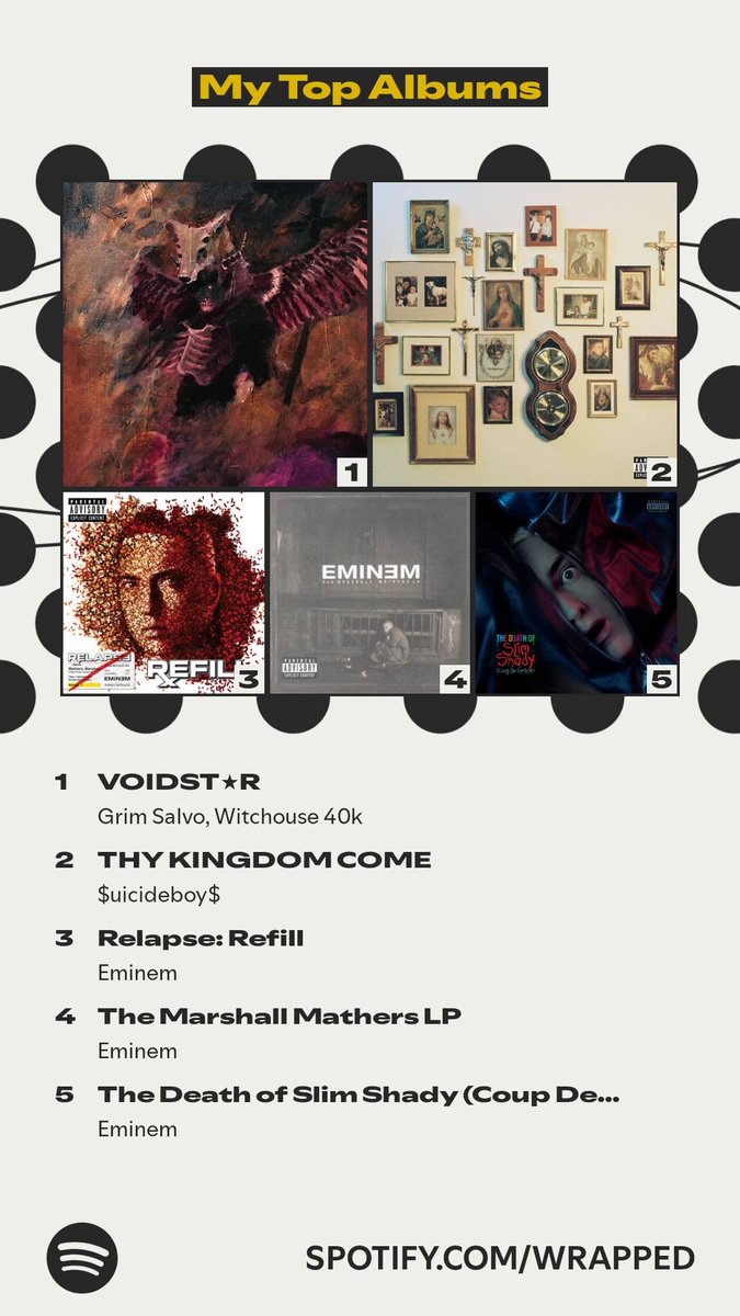 SpookyTeemo's tweet photo. The albums that topped my year. #SpotifyWrapped.  ⁦⁦@Witchouse40k⁩  ⁦@SUICIDEBOYS⁩  https://t.co/WK0aXVOPFQ https://t.co/dngBK8SZV1