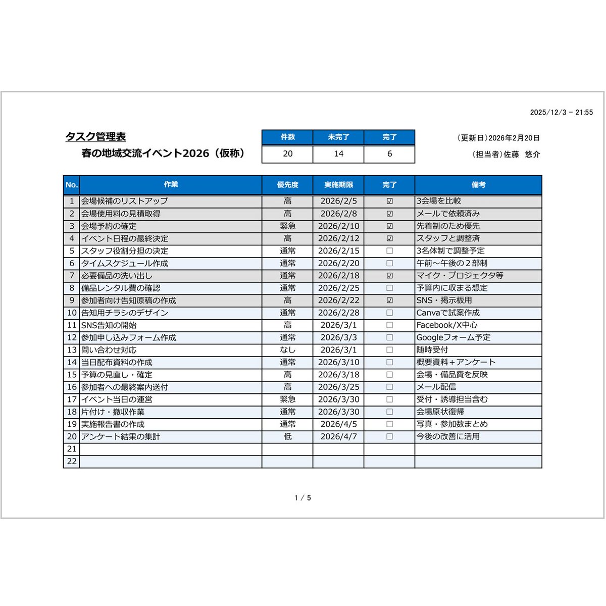 excelNext01's tweet photo. 個人向け・タスク管理（2026年版）｜無料Excelタスク一覧テンプレート
作業・優先度・実施期限・完了・備考を一覧で管理でき、入力補助、フィルター、自動集計、完了タスクのグレーアウトに対応。
登録不要。無料でご利用いただけます。
#テンプレート #Excel #タスク管理
https://t.co/Od4DFWfyNU https://t.co/Pk1uOI6md9