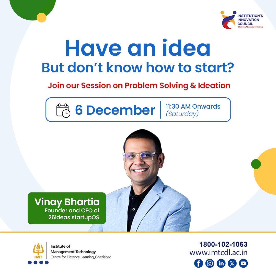 IMTCDL's tweet image. Your idea deserves a starting point.
Join our session on #ProblemSolving &amp;amp; Ideation with Vinay Bhartia on 6 December, 11:30 AM onwards.

Register now:
26ideas.com/events/problem…
.
.
#IMTCDL #InnovationMindset #StartupJourney #IdeaToExecution #EntrepreneurLife #Ideation #26ideas