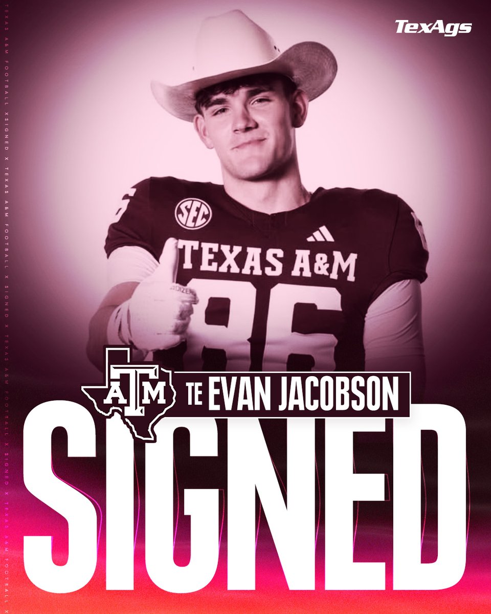 𝗦𝗜𝗚𝗡𝗘𝗗
TE Evan Jacobson
Waukee HS
Waukee, IA
⭐️⭐️⭐️⭐️

Welcome to Aggieland, @evanjacobson12_ 👍
