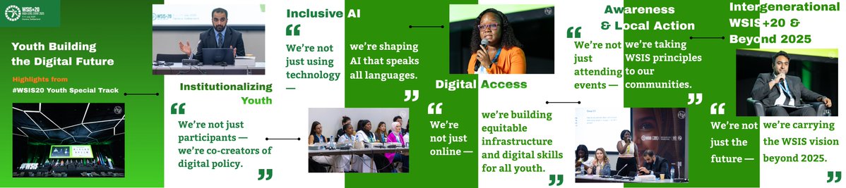 WSISprocess's tweet image. Youth are not just participants but also decision-makers
At #WSIS+20 #YouthSpecialTrack 2025, #youngleader drove discussions on #AIEthics #inclusive #digitaldevelopment&amp;amp;#Policy making
Stay tuned for #Youth Track at #WSISForum 2026 and bring your creativity, launching soon
Learn…