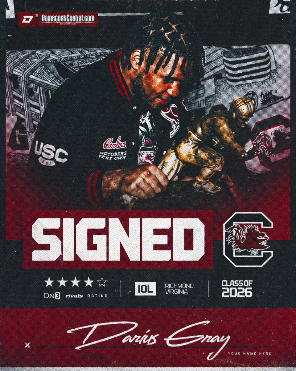 WesMitchellGC's tweet photo. Landing OL Darius Gray was a bonafide big boy recruiting battle win for South Carolina. Gamecocks were heavily involved since the summer before his freshman year! Kudos to Sam Serbay for being involved here from the jump. Checks all the boxes for an OL prospect, No. 1 interior OL in the country per Rivals Industry Ranking. You don’t usually project OL to play right away but he has the potential to be an early impact guy much like Shed Sarratt was this year 

[NSD HQ: https://t.co/yNgLcQ5JD6]