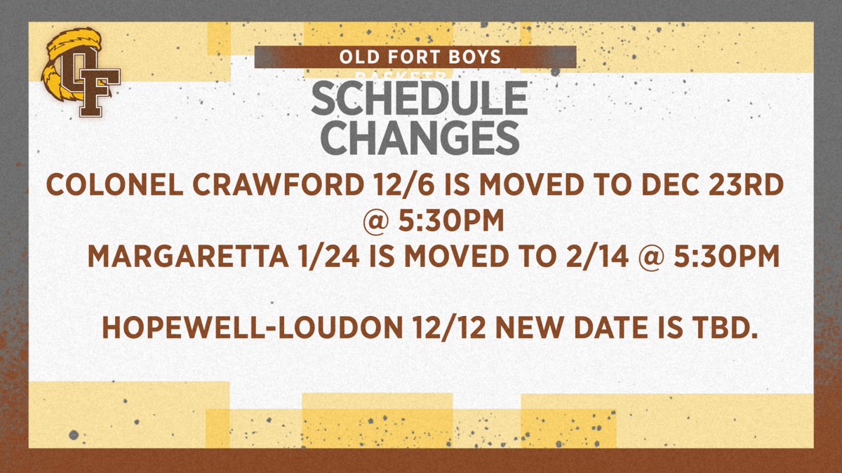 Boys Basketball schedule updates! 

12/6 vs Colonel Crawford is moved to 12/23
Margaretta 1/24 is moved to 2/14
H-L on 12/12 is TBD on new date.