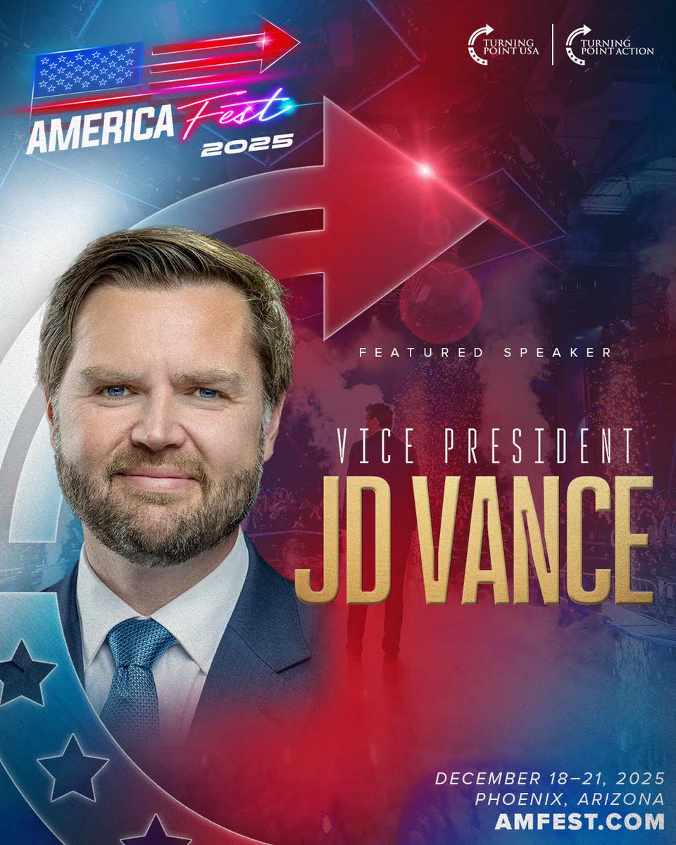 Honored to have Vice President JD Vance join the incredible lineup for our sold-out AmericaFest 2025 🇺🇸 AMFEST.COM <a href="/VP/">Vice President JD Vance</a>
