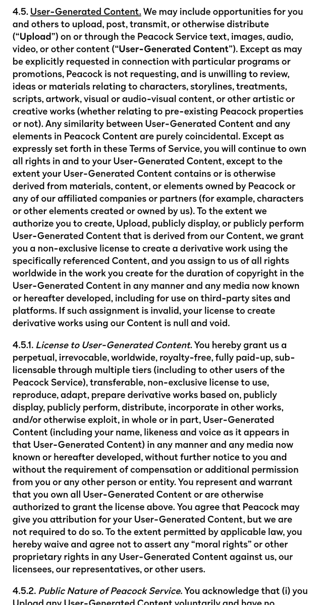 Today's updated Peacock Terms of Service includes a section on User-Generated Content 🤔 

$CMCSA