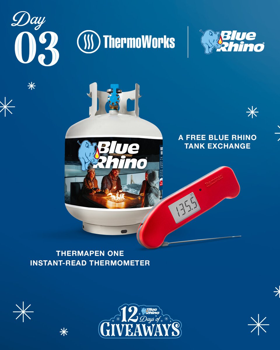 #12DaysOfGiveaways roll on! 🌡️ Today’s prize is a @thermoworksinc Thermapen ONE and a free Blue Rhino tank exchange coupon — perfect for grilling season. Enter here: bluerhino.com/12days ​

Today's winner will be drawn at 5 p.m. ET. #HappyHolidays #NotJustPropane