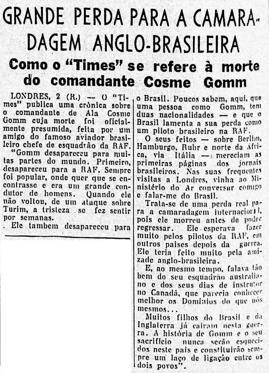 sentandoapua's tweet photo. Notícias da 2ª Guerra: 03DEZ1943-Grande perda para a camaradagem anglo-brasileira, diz o Times sobre a morte de Cosme Gomm https://t.co/dOGfQUoJ39 

#DEZ43 #ANoite #WWII #RAF #morte #Gomm @RoyalAirForce https://t.co/IA1Ph66f6e