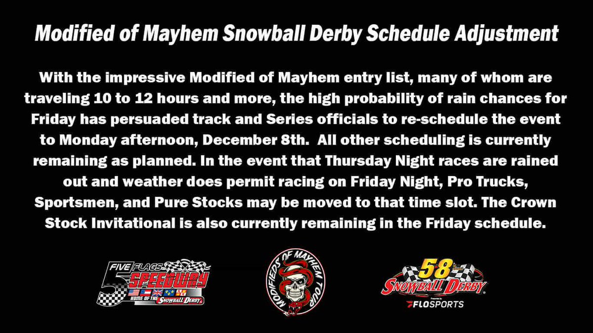 ST_Scene's tweet photo. An early schedule change to the Derby Week schedule. Modified of Mayhem will now run Monday afternoon.

With the forecast ever changing, Monday’s schedule is not set in stone. Those updates will come when we have them. https://t.co/bjurFOPdmk