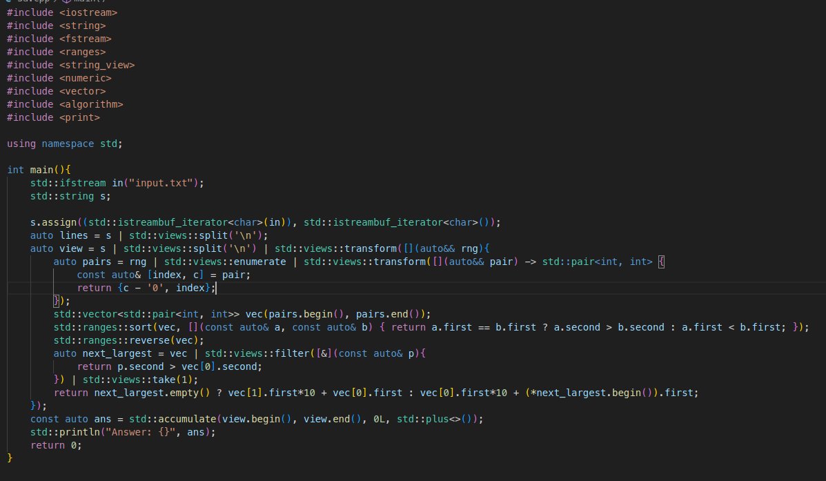 0xabdaze's tweet image. Is this an elegant solution to Part 1 - Day 3 - Advent of Code 2025 adventofcode.com/2025/day/3

#AdventOfCode #cpp