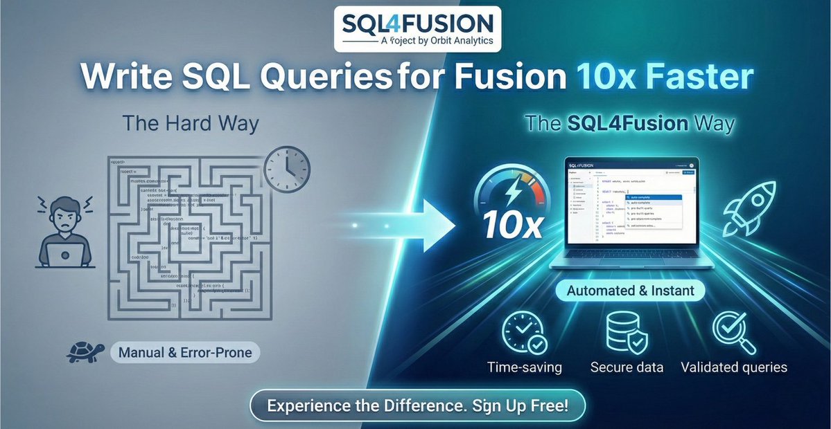 OrbitAnalytics's tweet image. Build Oracle Fusion Cloud queries in minutes with SQL4Fusion—100+ customizable scripts, auto-complete, error guidance, and seamless ERP, HCM, SCM support. Elevate your reporting: hubs.la/Q03WBkhg0 #orbitanalytics #sql4fusion #oraclefusioncloud