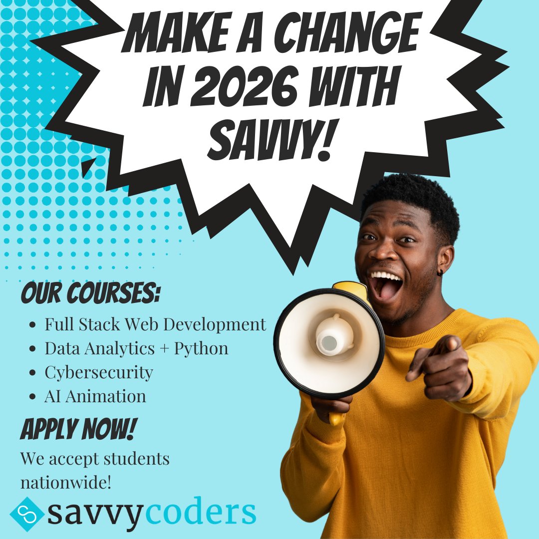 SavvyCoders's tweet image. We&apos;re manifesting it now... 2026 is YOUR year!✨ 

With virtual classes that are open to students nationwide and affordable tuition, a thriving career in tech has never been more attainable.

Apply now: savvycoders.com/apply-now-form/

#savvycoders  #learntocode #coding