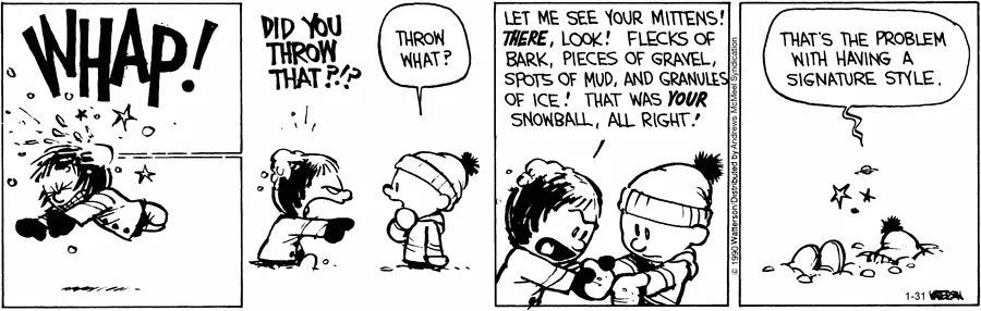 Calvinn_Hobbes's tweet image. Hard to deny it when even your snowballs have a recognizable signature. #CalvinandHobbes #Busted