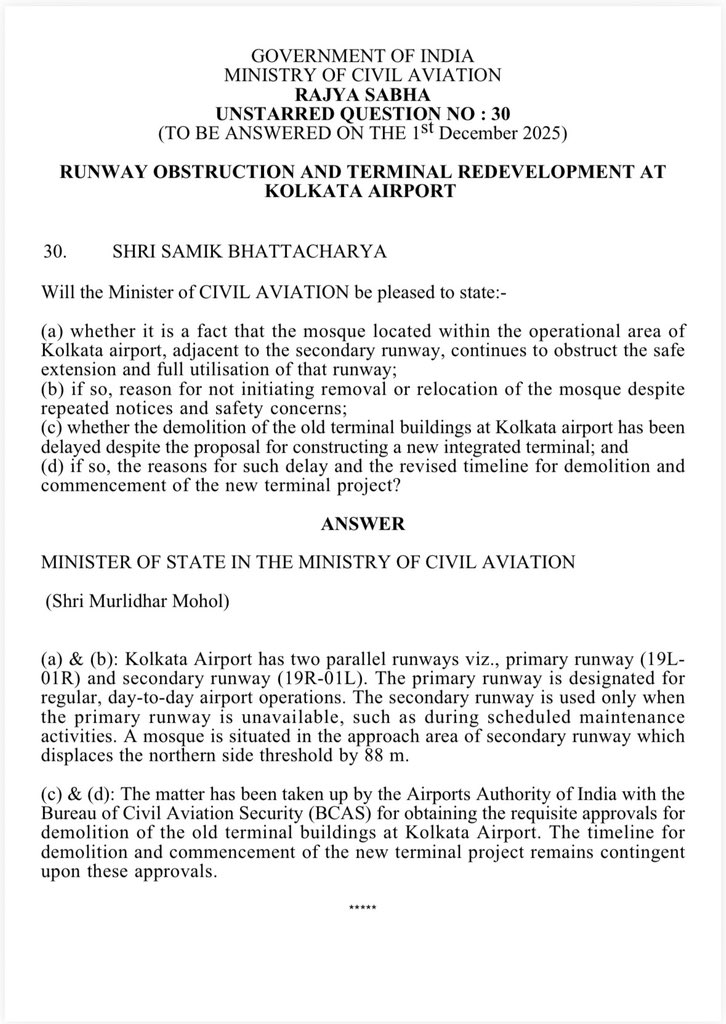 BJP4Bengal's tweet image. The Kolkata Airport obstruction is not an accident, it’s the direct result of Mamata Banerjee’s shameless appeasement politics.

A mosque standing inside the operational area has forced an 88-metre runway displacement, compromising national security and endangering passengers and…