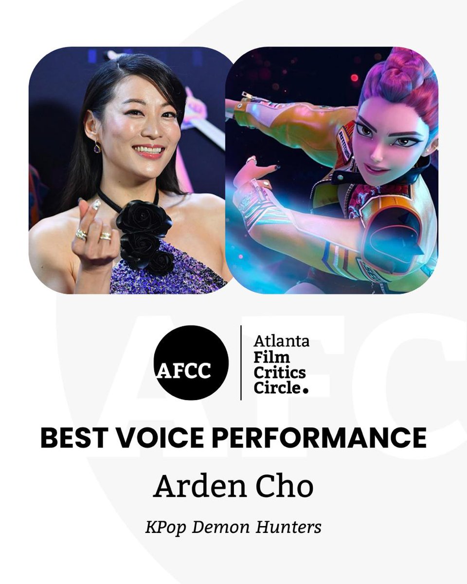 ATLFilmCritics's tweet image. Best Voice Performance 
Arden Cho - KPop Demon Hunters
@SonyAnimation @Netflix #KPopDemonHunters
#AFCCAwards #AFCC #ForTheLoveOfMovies