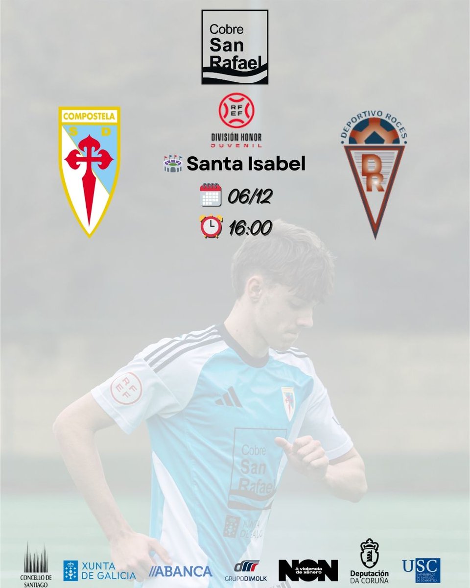 🩵🤍 Xuvenil A - División de Honra

⚽️ X12
🆚 <a href="/TSKROCES_OFIC/">TSK ROCES C.D.</a>
🗓️ Sábado - 06.12
⏰ 16:00
🏟️ Santa Isabel

#CanteiraPicheleira