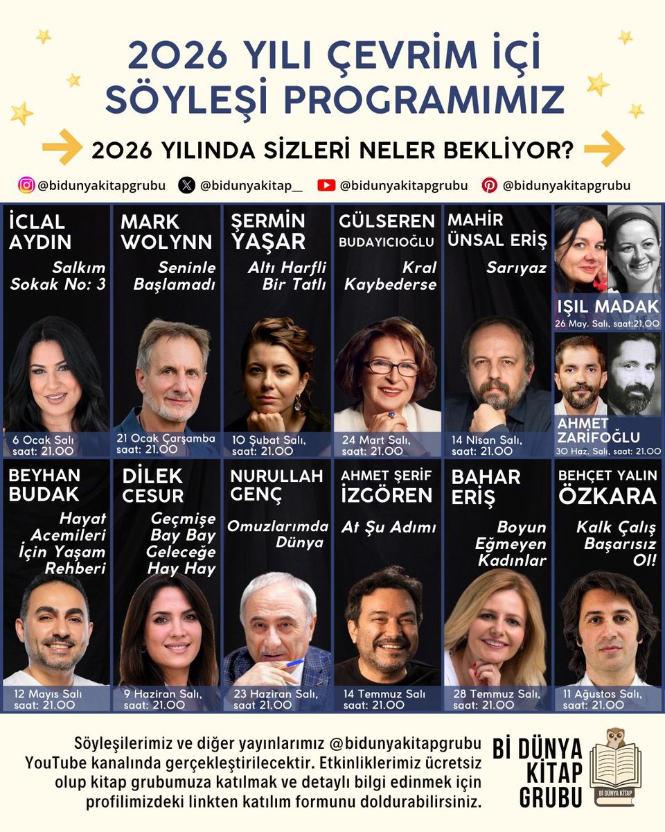bidunyakitap__'s tweet photo. 2021’den bu yana kitapseverleri aynı çatı altında buluşturan, binlerce üyesiyle Türkiye’nin en büyük WhatsApp okuma grubuyuz. Üstelik tamamen ücretsiz!

Her ay farklı türlerde kitaplar okuyor, gönüllü üyelerimizin hazırladığı sunum yayınları ile okuma deneyimimizi daha da zenginleştiriyoruz. 

Grupta kalma şartımız ise çok basit: Her 3 sunumdan en az 1’ine katılmanız yeterli. 💫 Ayrıca ülkenin dört bir yanındaki üyelerimizle yüz yüze etkinlikler düzenliyor, birlikte kahveler içip tanışıyor, gerçek dostluklar kuruyoruz. ☕💛

Siz de bu büyük okuma ailesine katılmak isterseniz, profilimizdeki bağlantıdan katılım formunu doldurabilirsiniz.
Bi Dünya Kitap’la kalın! 💌📚