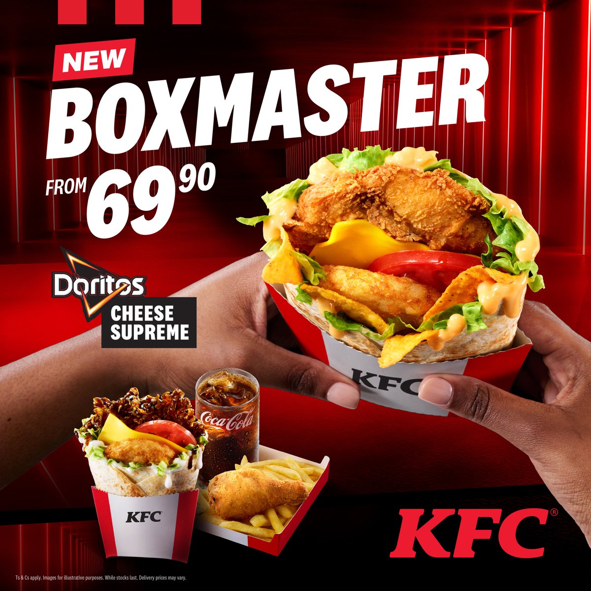 Try the NEW KFC Boxmaster, now loaded with Doritos Cheese Supreme! Get yours now from M69,90!