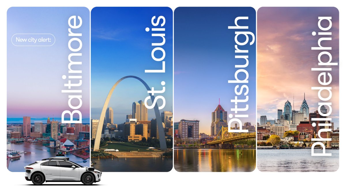 Waymo's tweet image. FOUR new cities are on the map! 🗺️ The future of mobility is expanding faster than ever and we’re thrilled to bring the proven experience of the Waymo Driver to more people. waymo.com/blog