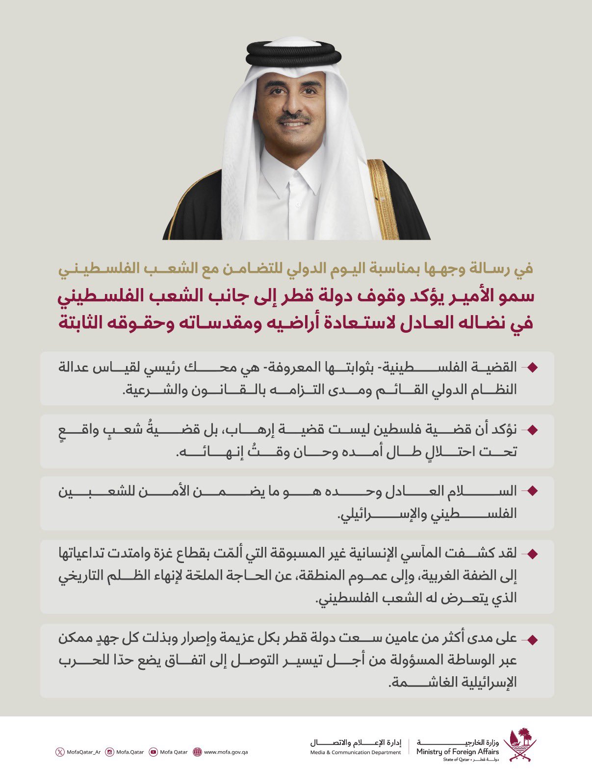 أمير قطر يؤكد على الوقوف إلى جانب الشعب الفلسطيني لاستعادة أراضيه