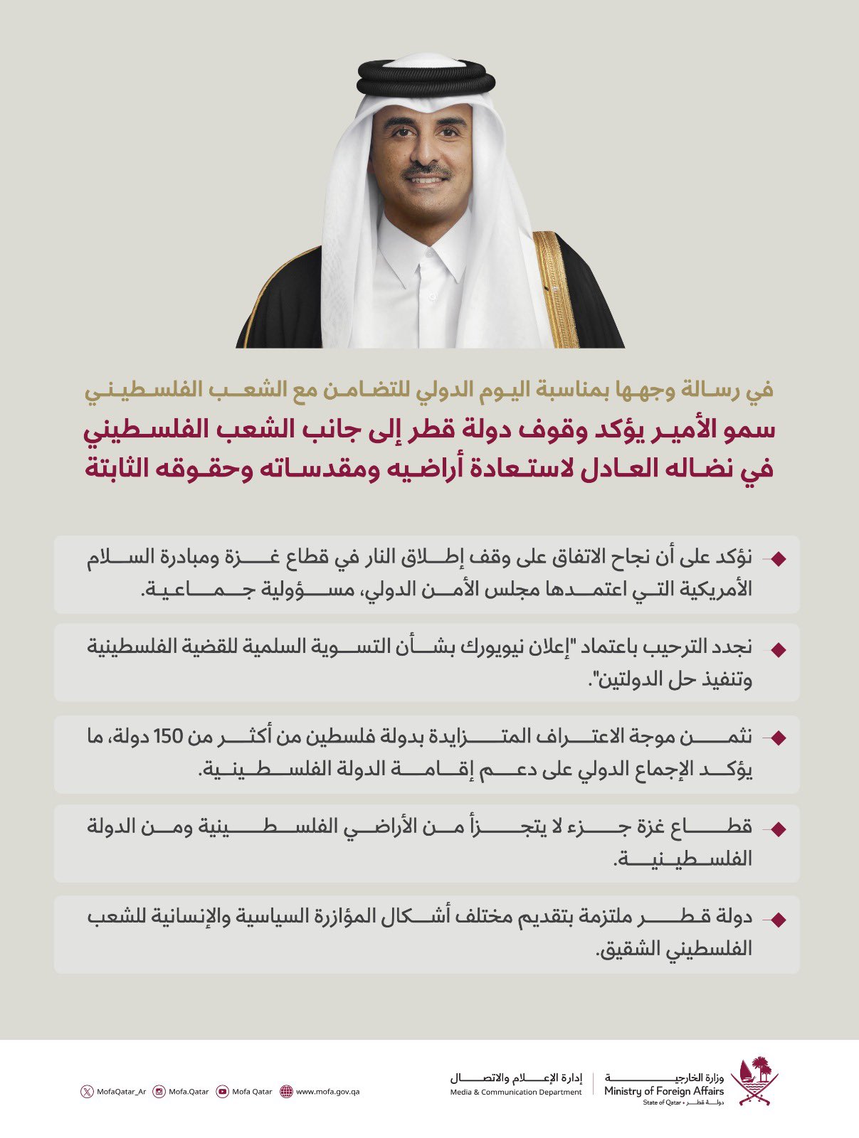 أمير قطر يؤكد على الوقوف إلى جانب الشعب الفلسطيني لاستعادة أراضيه