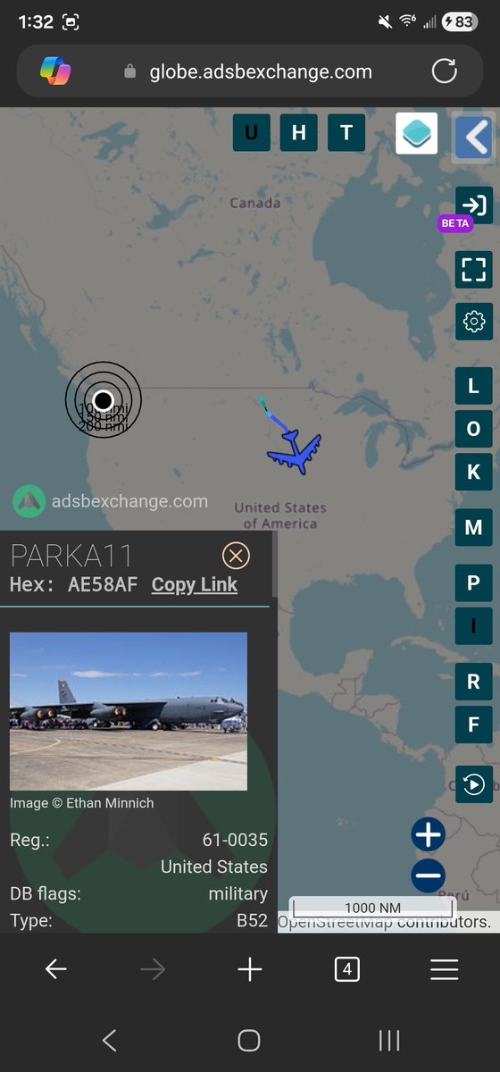 norb420's tweet photo. #AE58AF as #PARKA11 Up from Minot AFB KMIB. Probably another bird or two we can't see. Tracking south https://t.co/NwwjUQOH0s