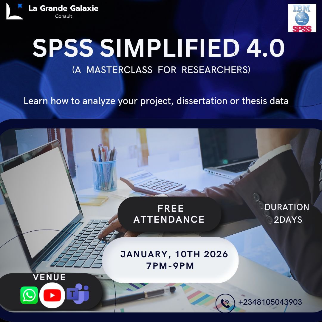 iamlordbernie's tweet image. I’m hosting the biggest masterclass for researchers who want to learn how to analyze their research work on SPSS. 

It’s FREE to attend, click here - forms.gle/U2gozKRSmwpt8j…

PS: are you learning any tech skill or you need accountability partners?