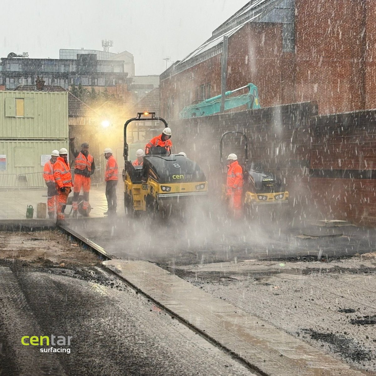 CentarSurfacing's tweet photo. It’s officially winter, and the team are out in West London enjoying the first bit of snow on site ❄️

Cold weather won’t stop progress, just a few extra layers and plenty of tea to keep warm! 

#asphaltsurfacing https://t.co/Tgd6Zr4BG7