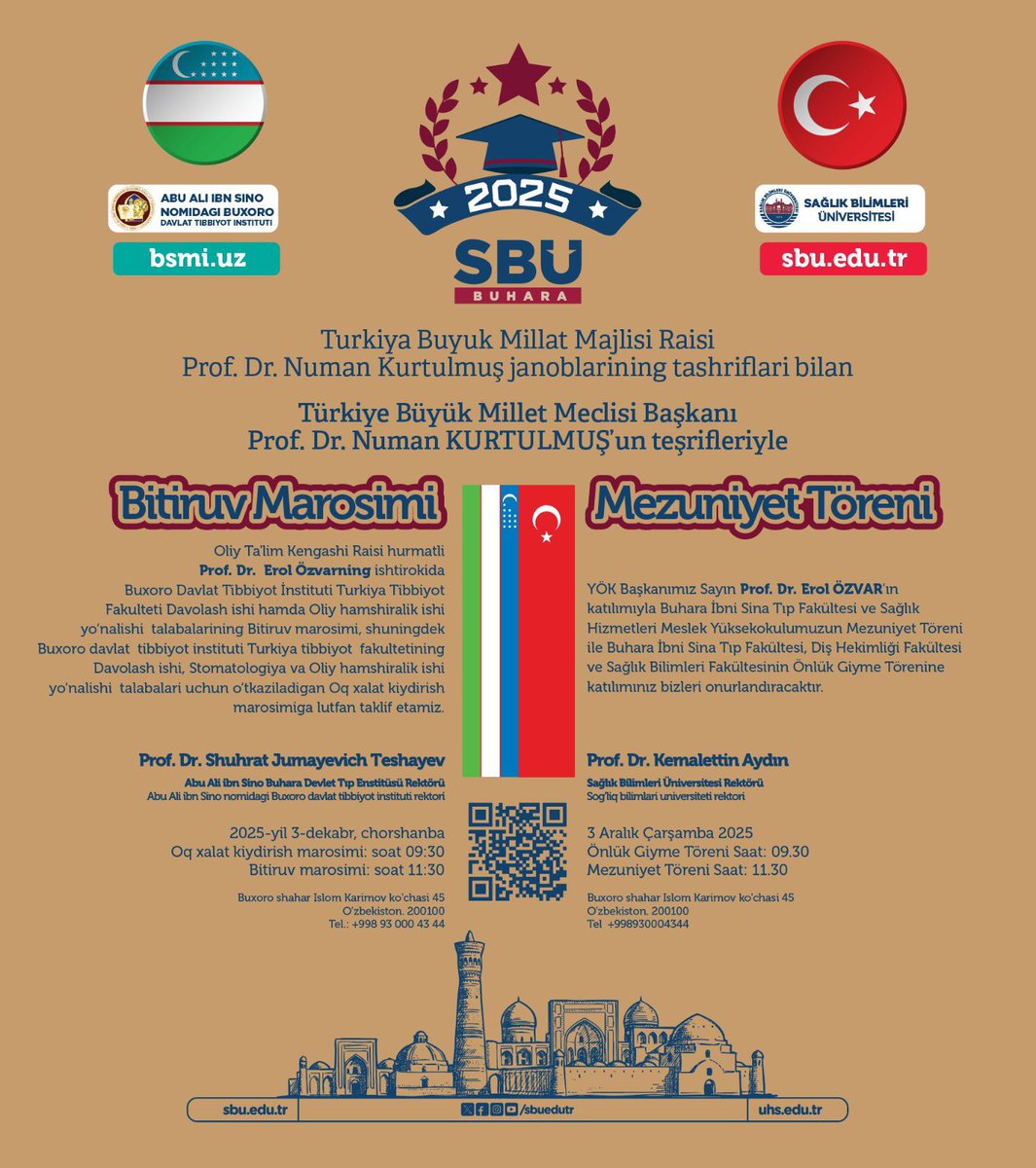 Onur ve gurur günümüz….
TBMM başkanımız sayın Prof Dr Numan Kurtulmuş ve YÖK başkanımız sayın Prof Dr Erol Özvar hocamız ve kıymetli büyüklerimizin katılımı ile Buhara Tıp mezunlarımıza diplomalarını veriyoruz
