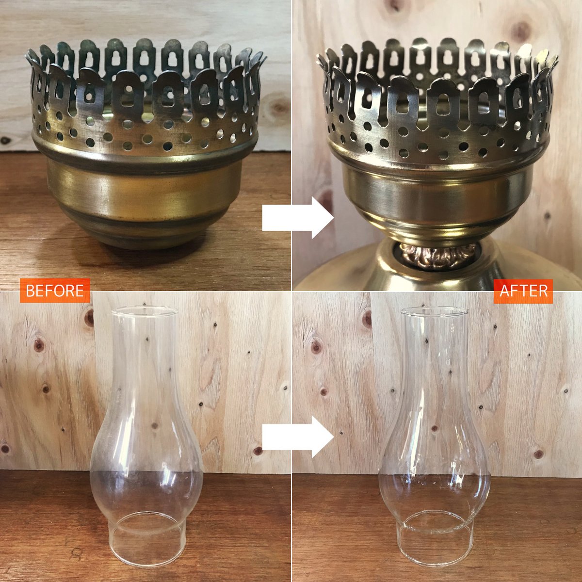 staff_yuka's tweet photo. ガラスチムニー（灯を包むガラス製の筒型シェード）を受けるホルダーカップも研磨して真鍮メッキの輝きを取り戻しました✨チムニーも綺麗に洗浄しています✨
#オイルランプ スタイル
#ヴィンテージ照明
#照明製作
#テーブルライト
#卓上照明
#アンティークランプ
#照明 https://t.co/Umcjde8KAP