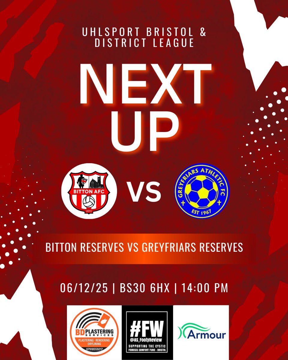BittonReserves's tweet image. NEXT UP | 👉

We are back at home this weekend where we look to get back to winning ways against Greyfriars Reserves. ⚽️

🆚 @greyfriarsafc 
🏟️ Bitton AFC
🏆 Bristol &amp;amp; District Division 2
📆 Saturday 6th December 
⏰ 14:00pm KO
🍺 Bar open from 12:30

#UPTHETON🔴⚪️🔴⚪️