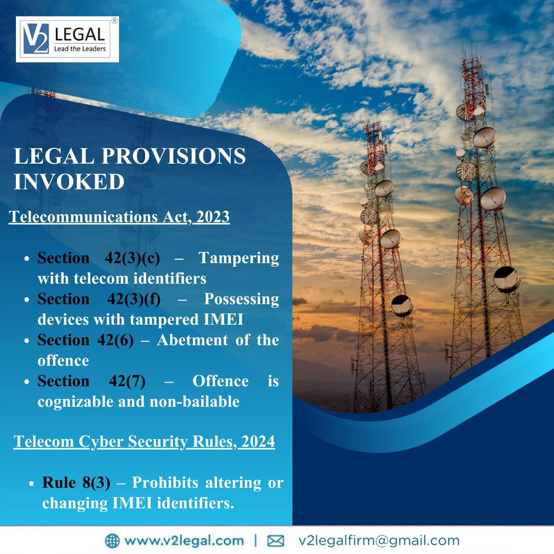 V2Legal's tweet photo. 📢 IMEI Tampering is a Crime – DoT Confirms!

Changing or tampering with your mobile phone’s IMEI number is a serious criminal offence under the latest notification issued on 17th November 2025 by the Department of Telecommunications (DoT).

For legal assistance, contact V2 Legal https://t.co/gwSOHD6Glr