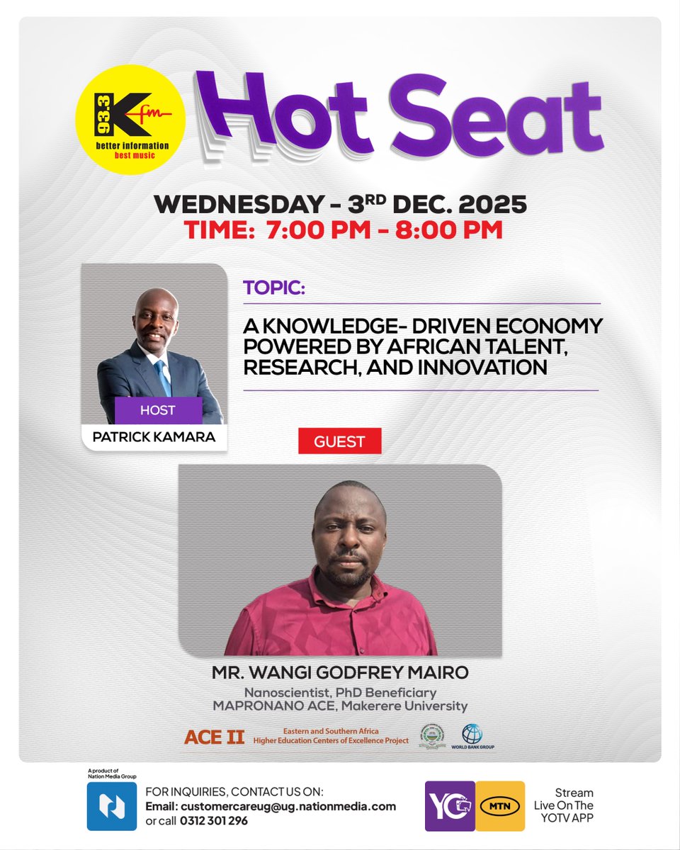 Don’t miss the Hot Seat today featuring Wangi Godfrey Mario, a water resources engineering expert using nanotechnology to remove heavy metals &amp; E. coli from water, also a PhD candidate <a href="/MakCEDAT/">Makerere University CEDAT</a>.  Tune in this evening at 7pm EAT - <a href="/933kfm/">933 KFM</a> 
#ModelofExcellence