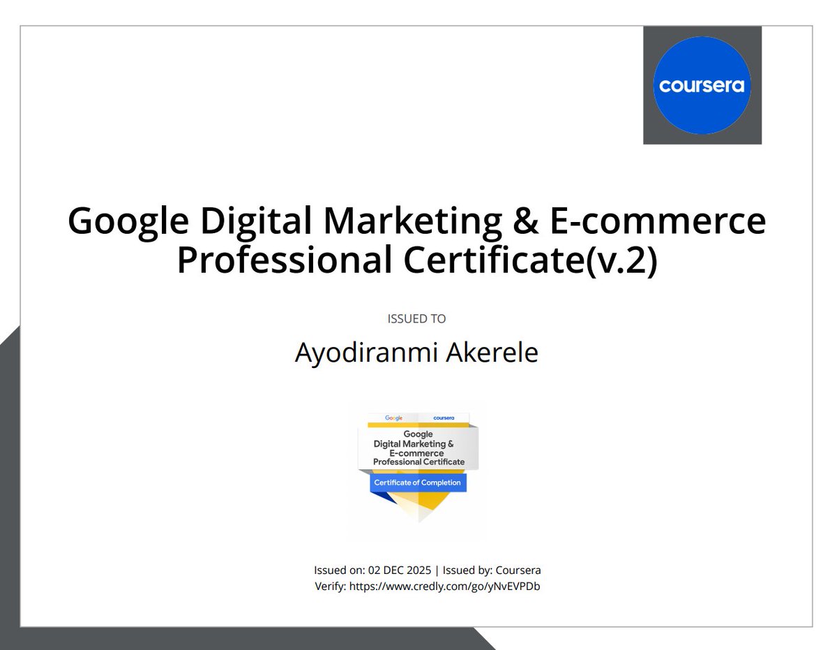 ayodiranmi's tweet photo. I’m happy to share that I’ve obtained a new certification: Google Digital Marketing &amp; E-commerce from Google!

#Coursera #DigitalMarketing #DigitalMarketer #SocialMediaMarketing #SocialMediaManager #Ecommerce #DigitalMarketingandEcommerce #GrowwithGoogle https://t.co/Ila9AR0I9j