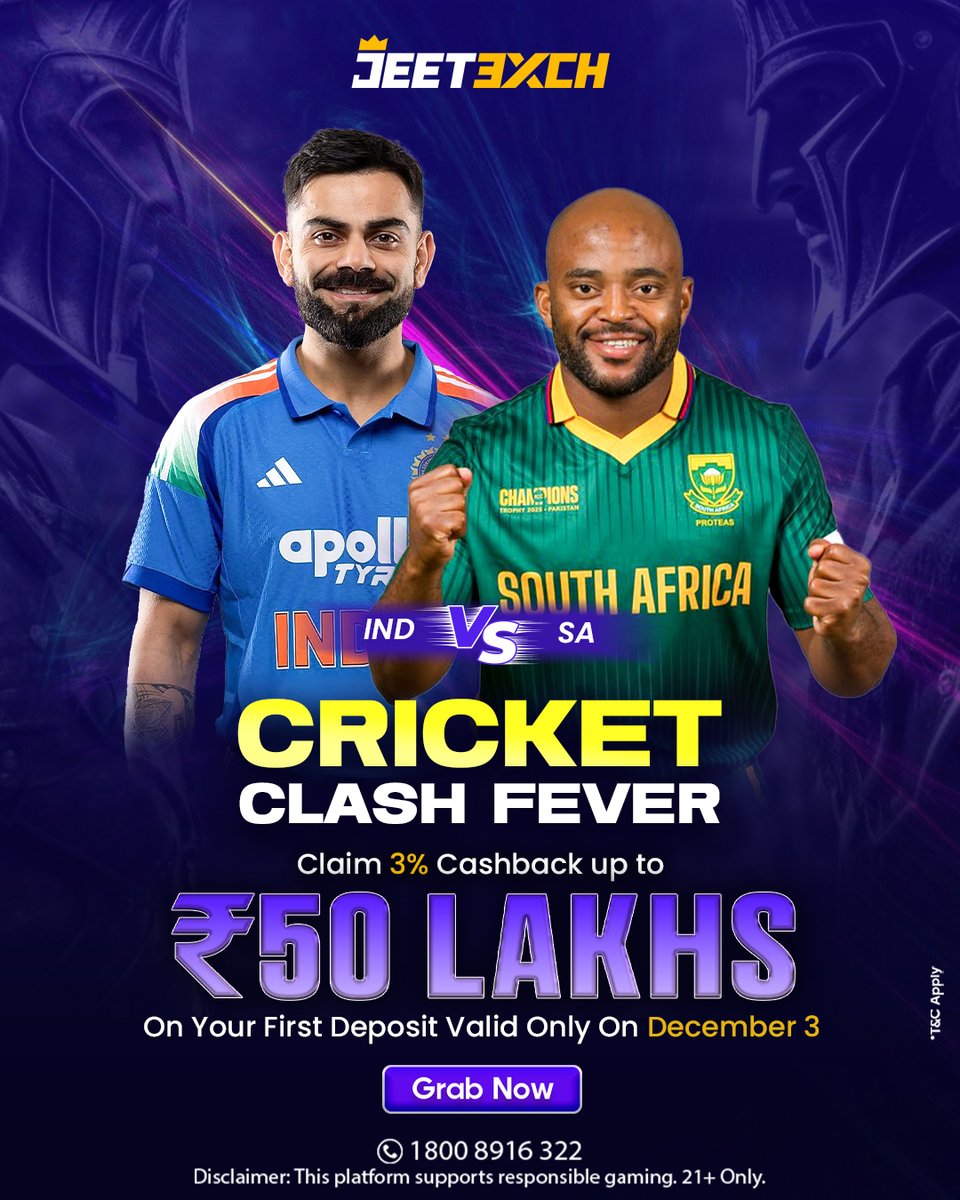 jeetexch's tweet image. Clash Of Titans Unfolds Today
IND vs SA | ODI

Claim 3% Cashback Up To ₹50 Lakhs On Your First Deposit
Valid Only On December 3

Click the link in the bio!
+91 9372 277 362
1800 8916 322

#JeetExch #cricket #cricketlife #cricketlove #cricketfans #cricketpassion #cricketers