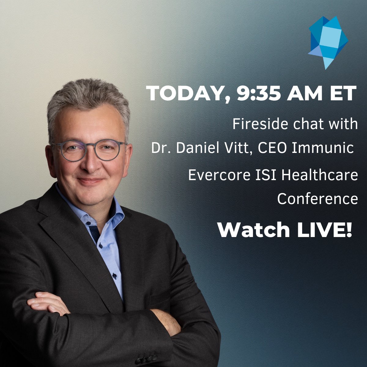 ImmunicInc's tweet photo. 🚀 What’s next for #Immunic? Find out TODAY when our CEO, Dr. Daniel Vitt, speaks at the #Evercore ISI Healthcare Conference. The fireside chat starts at 9:35 AM ET.

👉 Watch Daniel live via the “Events and Presentations” section of our website: https://t.co/JO1msY5JzL.

$IMUX #InvestorRelations #healthcare #biotech