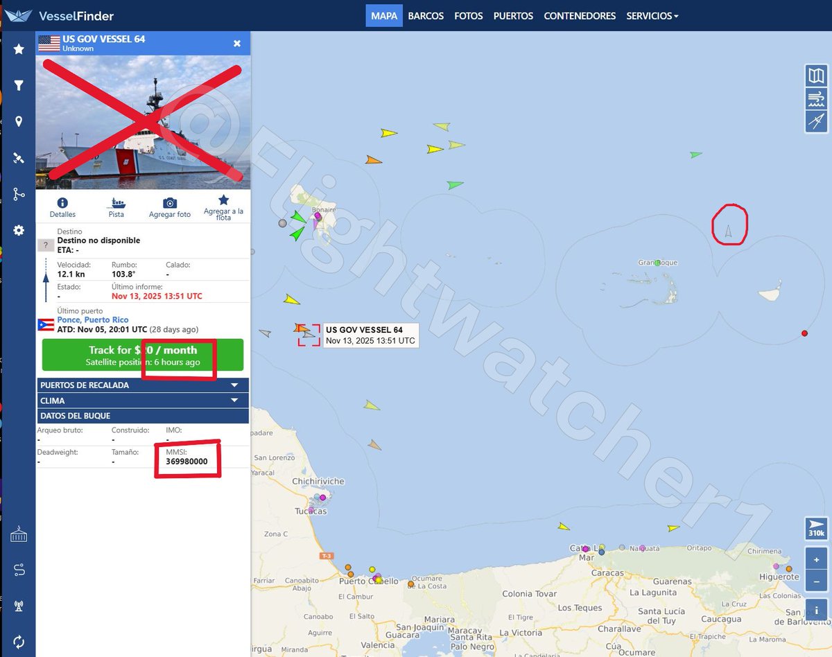 Flightwatcher1's tweet image. USS Gettysburg (CG64) estacionado a 33kms de la Orchila🤔
En aplicaciones como esta (vesselfinder.com), una vez que el barco deja de ser rastreado por estaciones AIS terrestres, cambia al modo satelital, donde se necesita una suscripción para recibir actualizaciones. No…