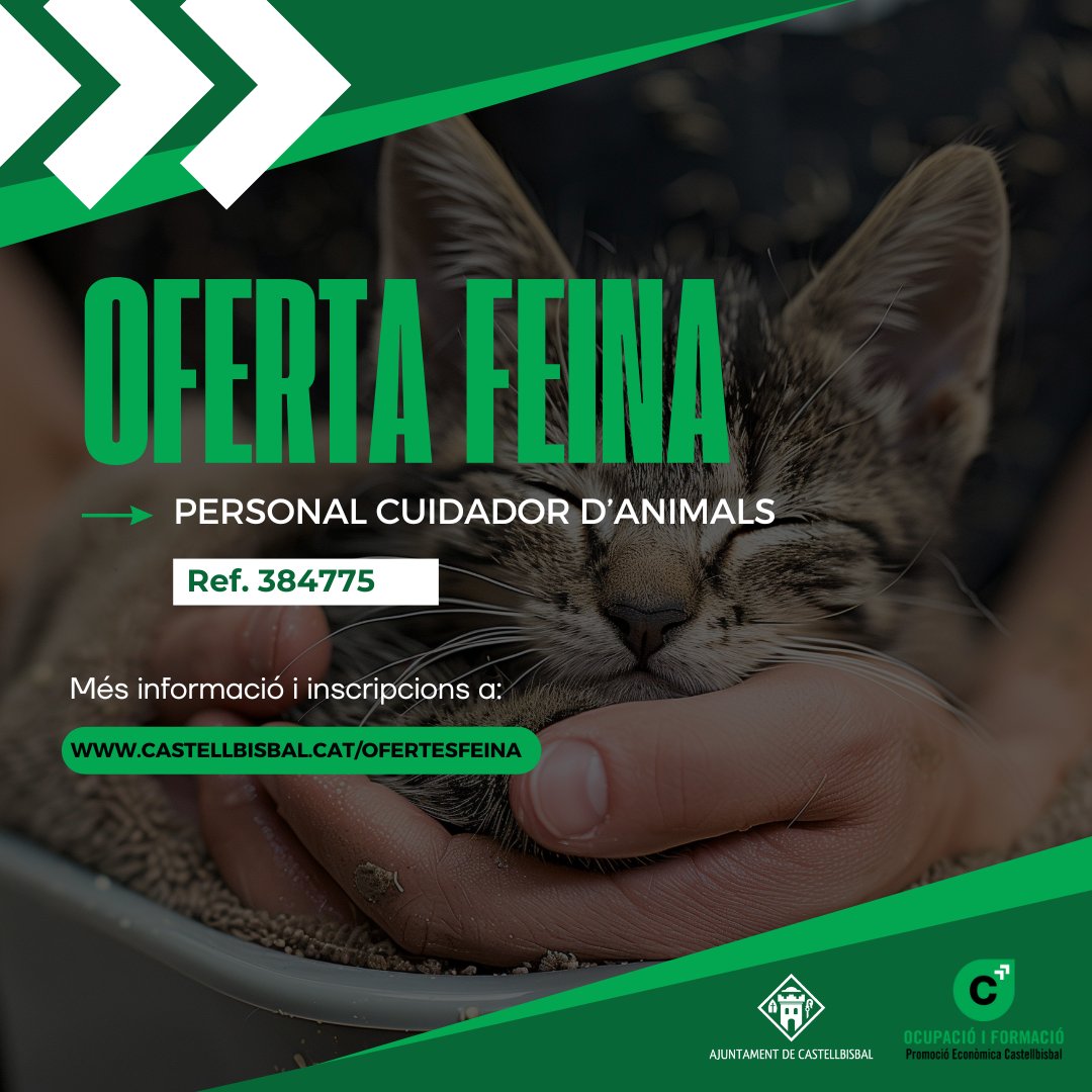 Nova #oferta de #feina de 𝐏𝐞𝐫𝐬𝐨𝐧𝐚𝐥 𝐜𝐮𝐢𝐝𝐚𝐝𝐨𝐫 𝐝'𝐚𝐧𝐢𝐦𝐚𝐥𝐬 per a #Castellbisbal. Si t'interessa l'oferta la pots consultar a la #XarxaXaloc. Oferta número 384775

#ocupaciocb #slocastellbisbal