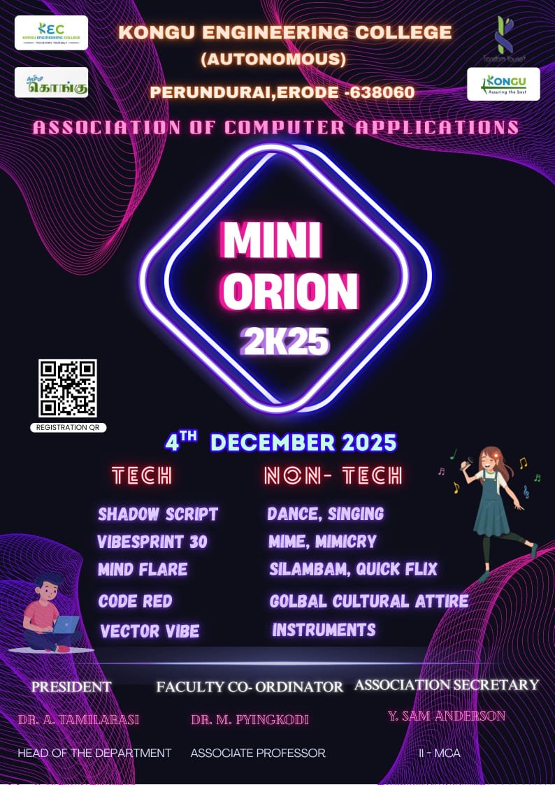 KonguOfficial's tweet photo. Department of Computer Applications
Inter College Competition - Mini Orion 2K25
Date : 04.12.25
#mca #computer #application #computerapplication #orion #technical #nontechnical #kec #erode #perundurai #konguengineeringcollege https://t.co/HeSqFdGh7z