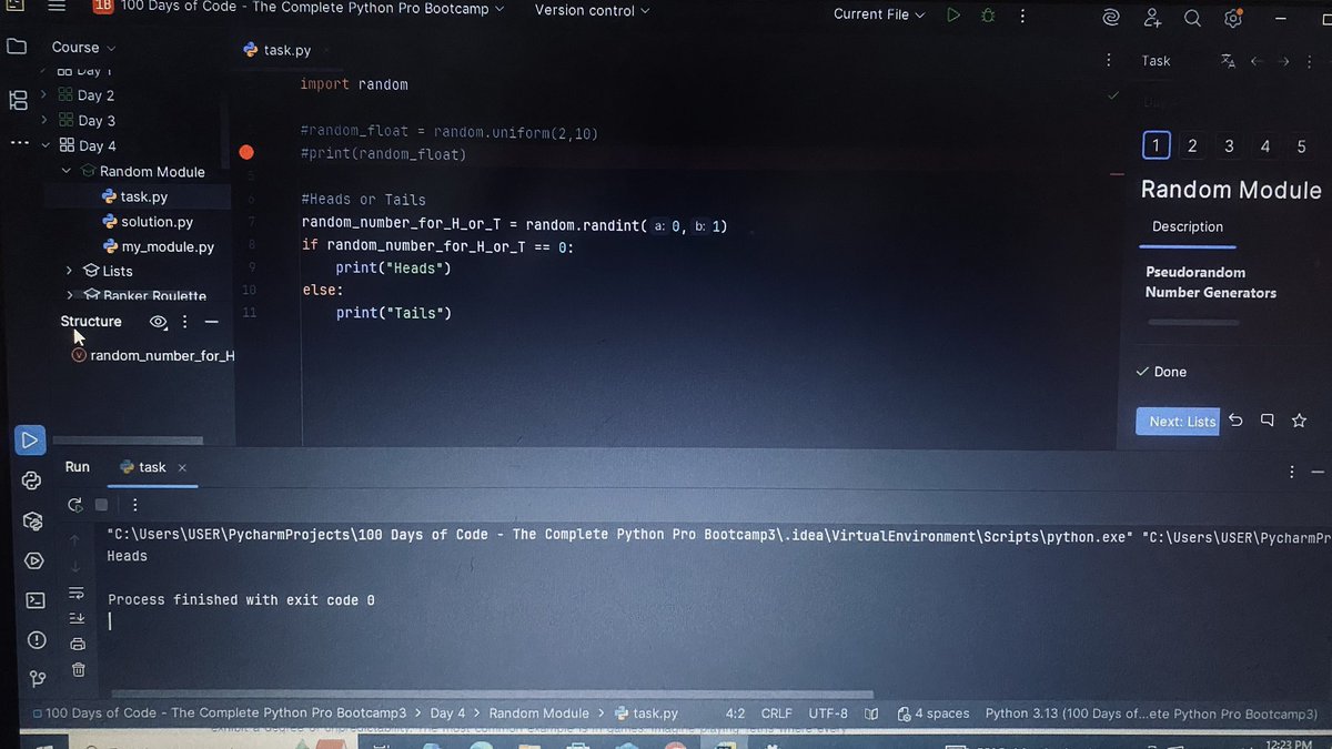 nhanjhay's tweet image. #100DaysOfCode
Took a break, but I’m back and continuing from where I stopped.
Small progress is still progress. 🚀
Day 3 &amp;amp; 4 complete ✨
Learning conditionals, randomness, and built a Rock–Paper–Scissors game.
One step at a time. 🖥️
#PythonLearning